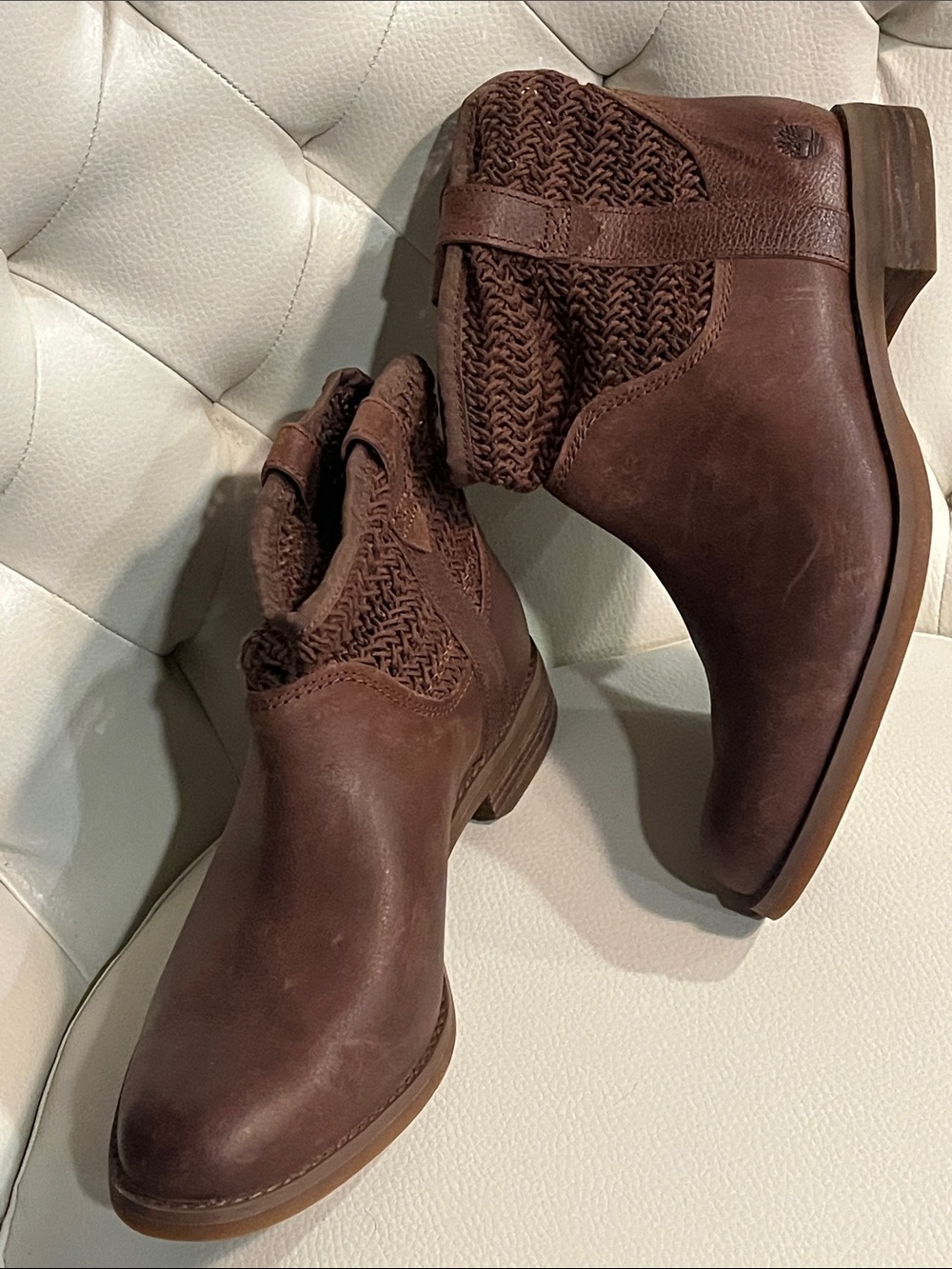 Timberland Brown Leather Knit-Cuff Ankle Boots Size 8 Boho Eye Catching